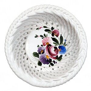 Small Ceramic Bowl Trinket Dish Lattice Weave Hand Painted Floral 3.75"